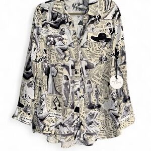 Unique Vintage 60s Newspaper Classic Female Print Button-Down Shirt Large NWT